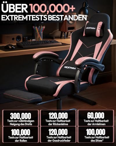 Detalle 2 de Nexthra Gaming Stuhl – ergonomischer Bürostuhl mit höhenverstellbaren Linkage-Armlehnen, Lendenkissen und Fußstütze – Rosa