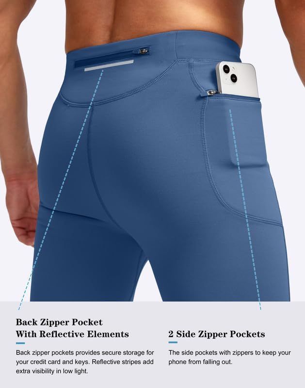 Detalle de Pudolla Men's Thermal Running Tights with Fleece Lining and 3 Zip Pockets