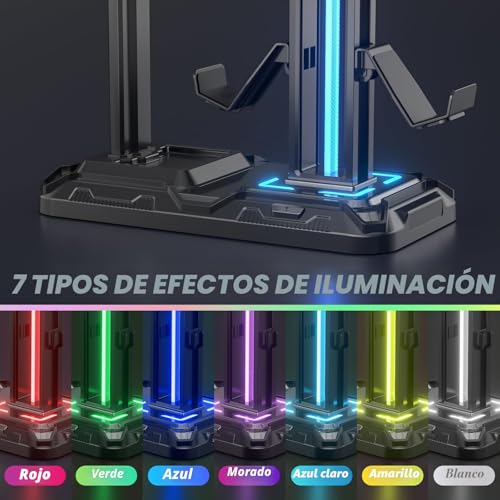 Detalle 2 de KDD Soporte Auriculares Gaming con 9 Modos de Luz: 360° de giro y gancho desmontable para escritorio