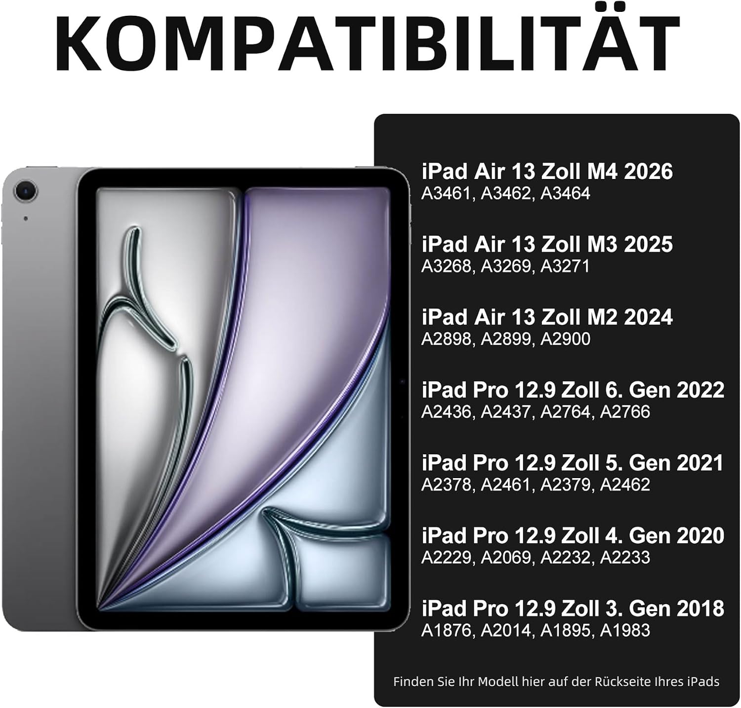 Thumbnail 1 de Vobafe Tastatur-Hülle für iPad Air 13 Zoll & iPad Pro 12,9 Zoll – QWERTZ mit Trackpad, 7 Farben, Stifthalter (schwarz)