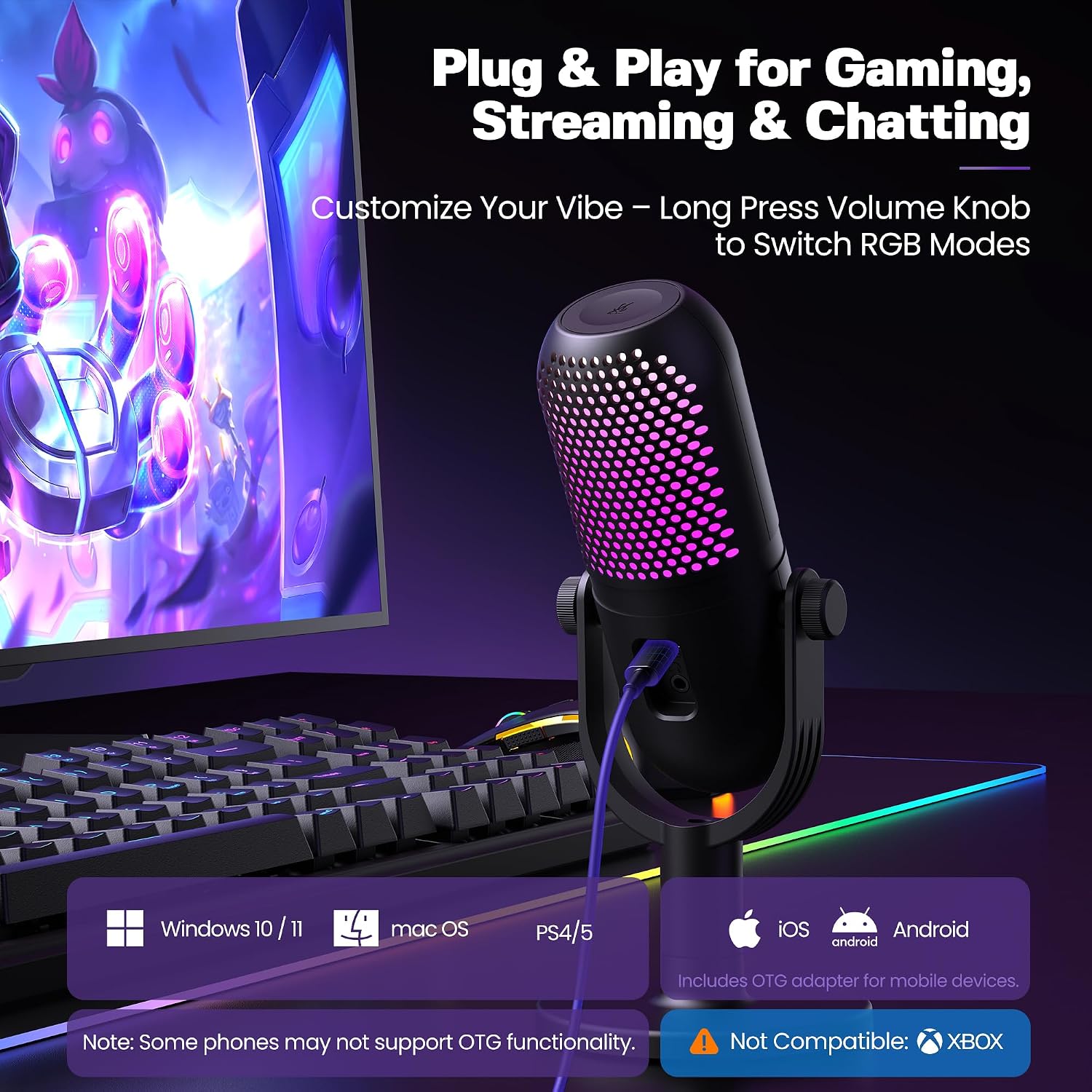 Detalle de GUEVWES USB Condenser Microphone for PC Gaming – RGB with Stand