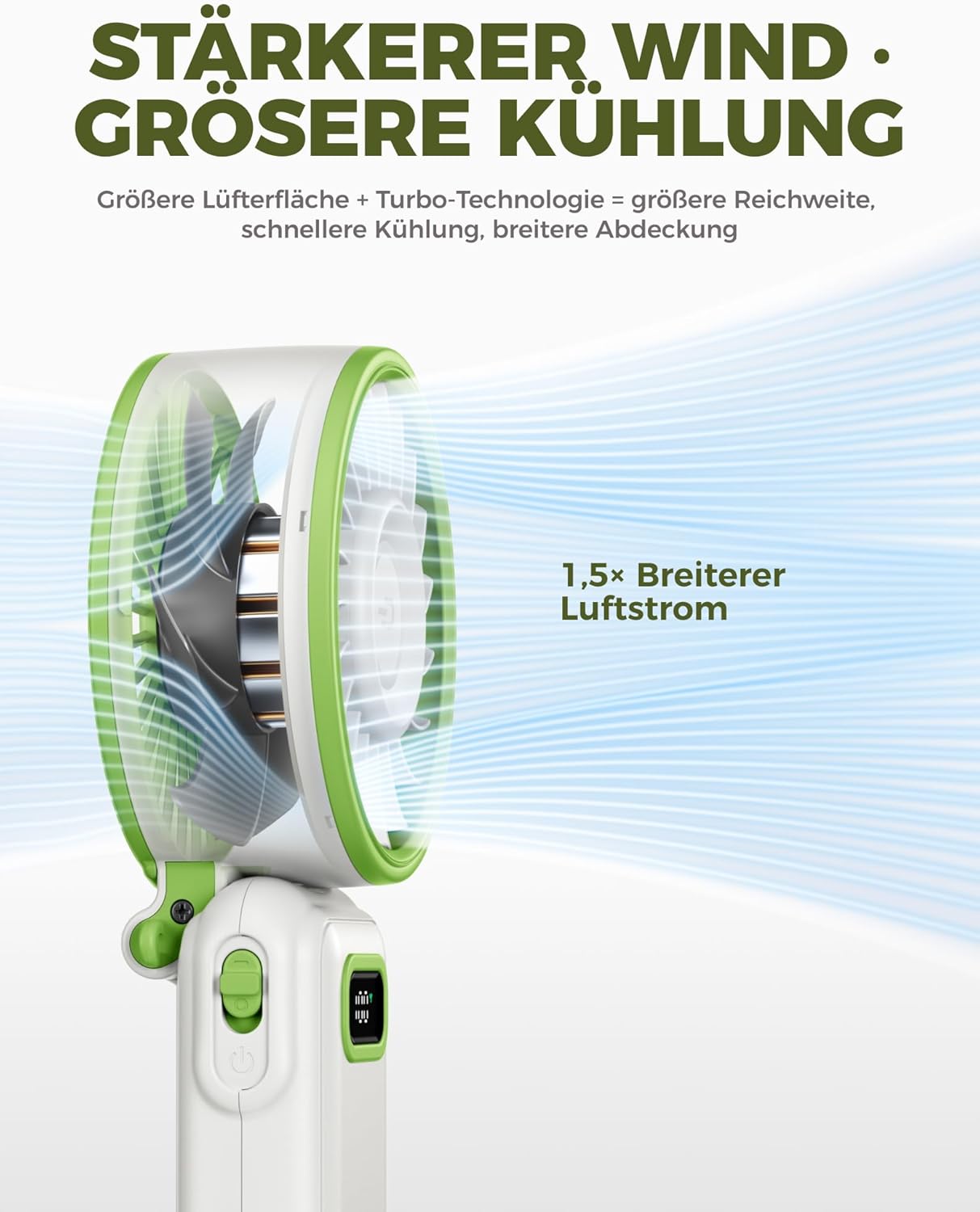 Detalle de Diveblues Handventilator Tragbarer Turbo-Ventilator mit 100 Stufen – 4-in-1, USB-C, 3600 mAh
