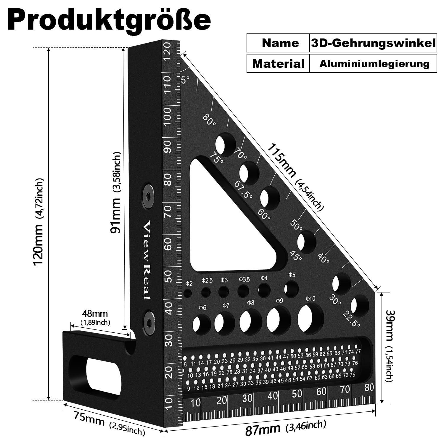 Thumbnail 1 de 3D-Gehrungswinkel Multifunktional 22.5-90° – Hochpräzises Aluminium-Layou t Entwicklungsmesser für Tischler und Ingenieure