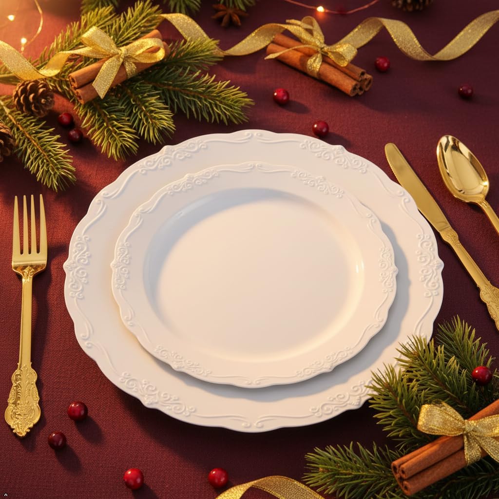Thumbnail 4 de U-QE 100-Piece White Disposable Plastic Plates (50 Dinner 10" + 50 Dessert 7.5") for Weddings & Parties