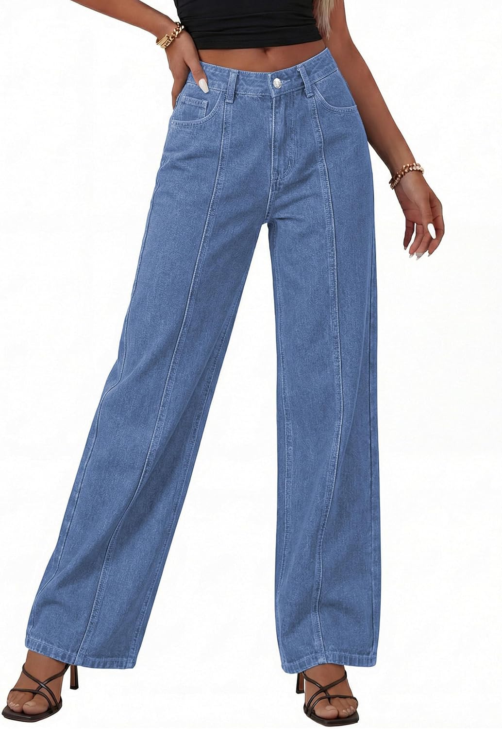Detalle de PRETTYGARDEN Wide-Leg Jeans for Women, Stretch Denim, High-Rise, Seamed Front