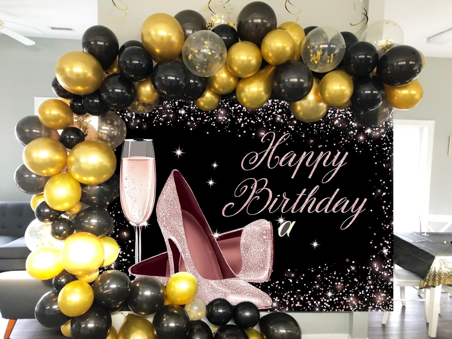 Thumbnail 2 de Happy Birthday Hintergrund für Frauen (Schwarz & Rosa) von BINQOO – Vinyl-Fotohintergrund mit Glitzer, 210 x 150 cm