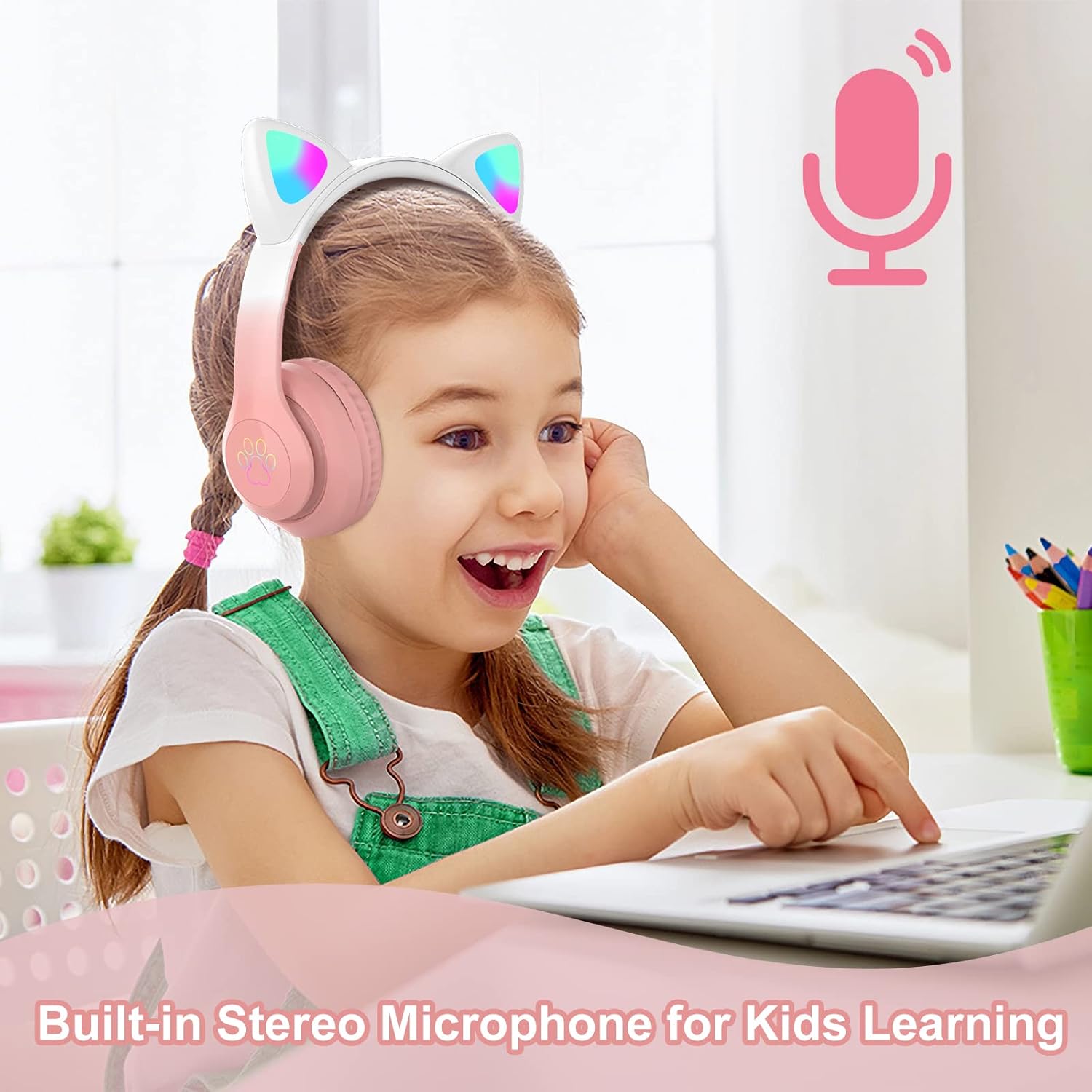 Detalle 2 de TOKANI Kids Headphones Bluetooth with Cat Ear LEDs (Pink Pro)