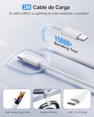Detalle de LumFocus Cargador USB-C de 25W con cable de 2 m para iPhone y más (Blanco)