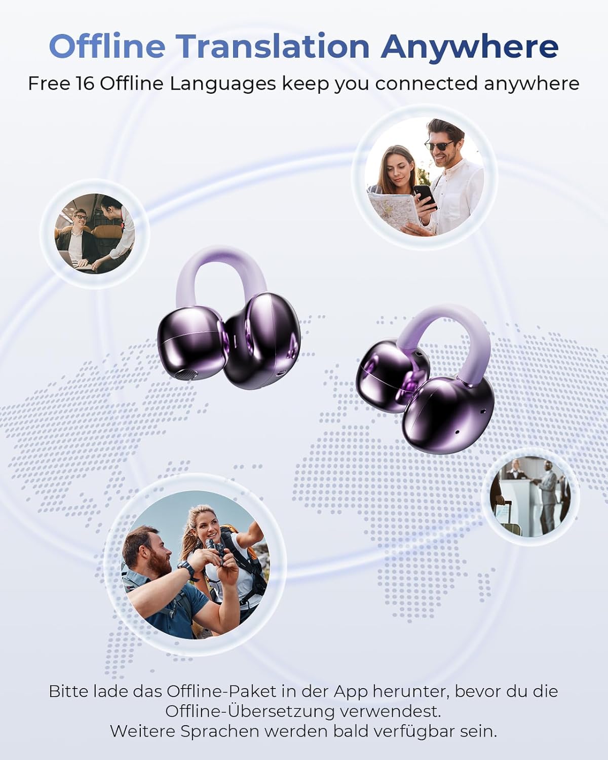 Thumbnail 2 de kentfaith AI Écouteur Traducteur Instantané 150 Langues — Clip d’Oreille, Étui avec Écran Tactile et Bluetooth 6.0 (Violet)