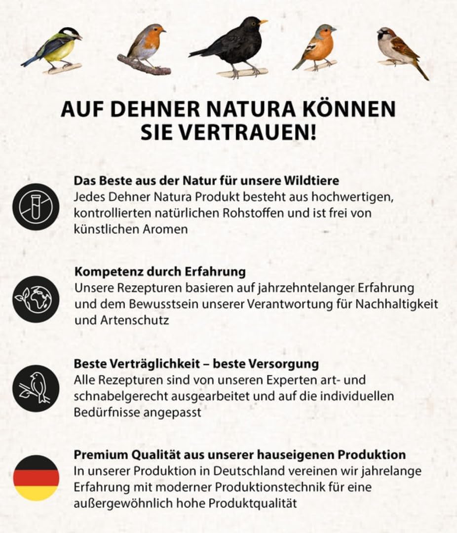 Detalle de Dehner Natura Vogelfutter – Premium Ganzjahresfutter für Meisen und Rotkehlchen, 9 kg im Vorratseimer (100 Stück, Fettfutter mit Nüssen, ohne Netz)