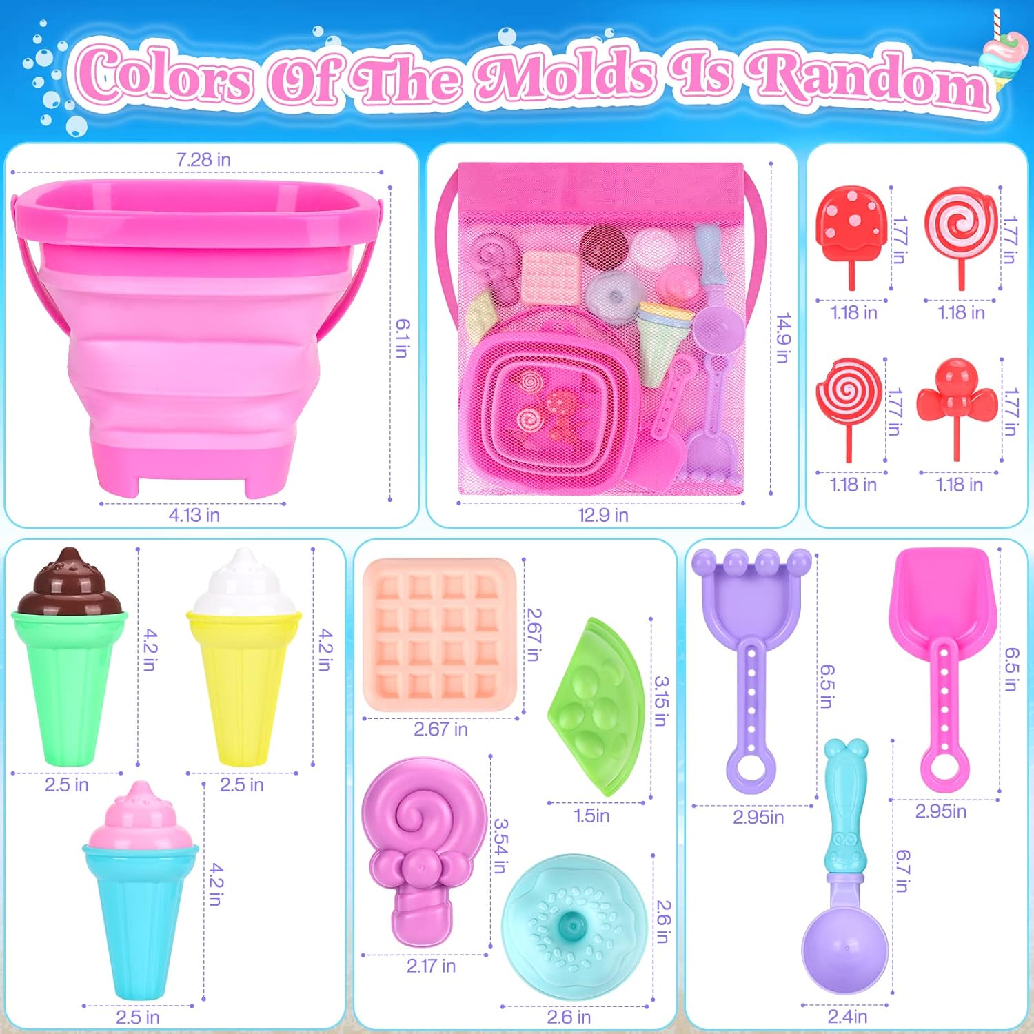 Thumbnail 6 de Collapsible Beach Toys Set: 19-Piece Ice Cream Sand Playset for Kids (3–10) with Mesh Bag