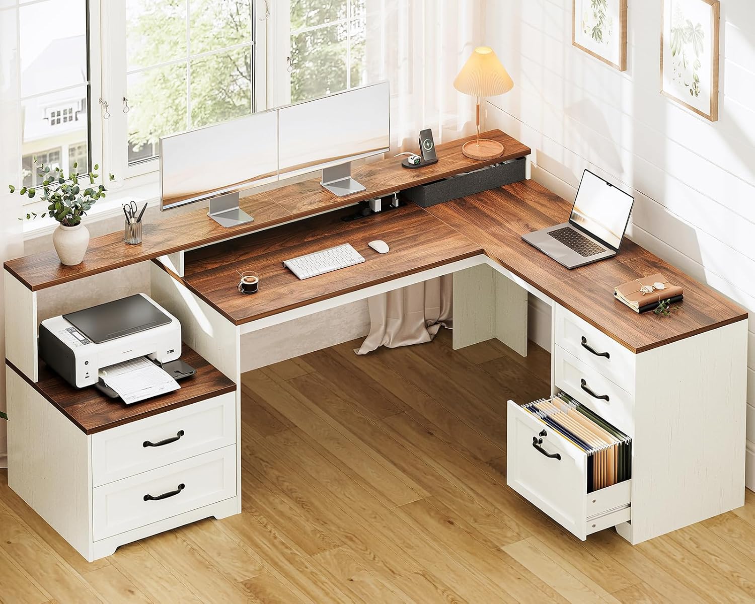 Detalle de OffiGo Farmhouse 68-Inch L-Shaped Executive Desk with Drawers, Monitor Stand and Outlets