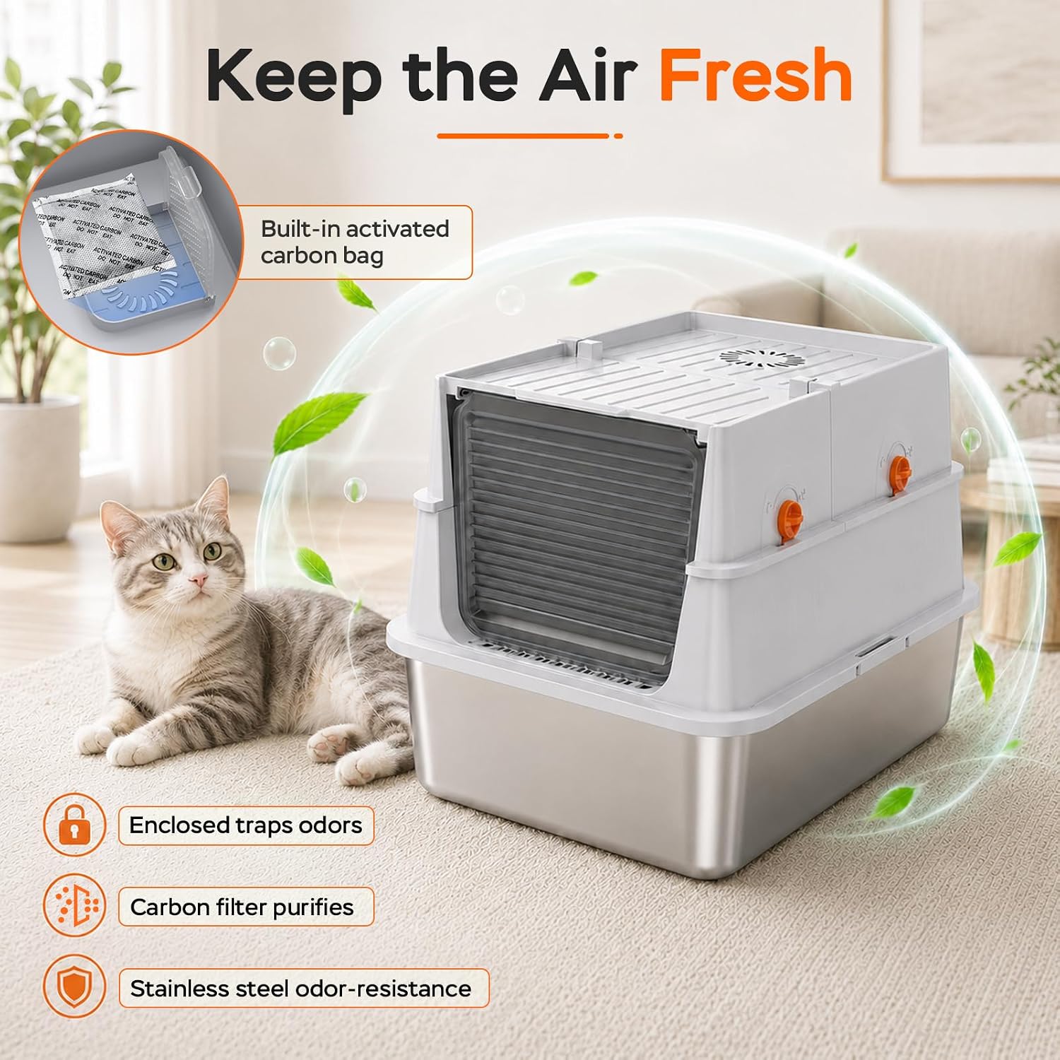 Detalle de Devopet Small Enclosed Stainless Steel Cat Litter Box with Carbon Filter and Mat