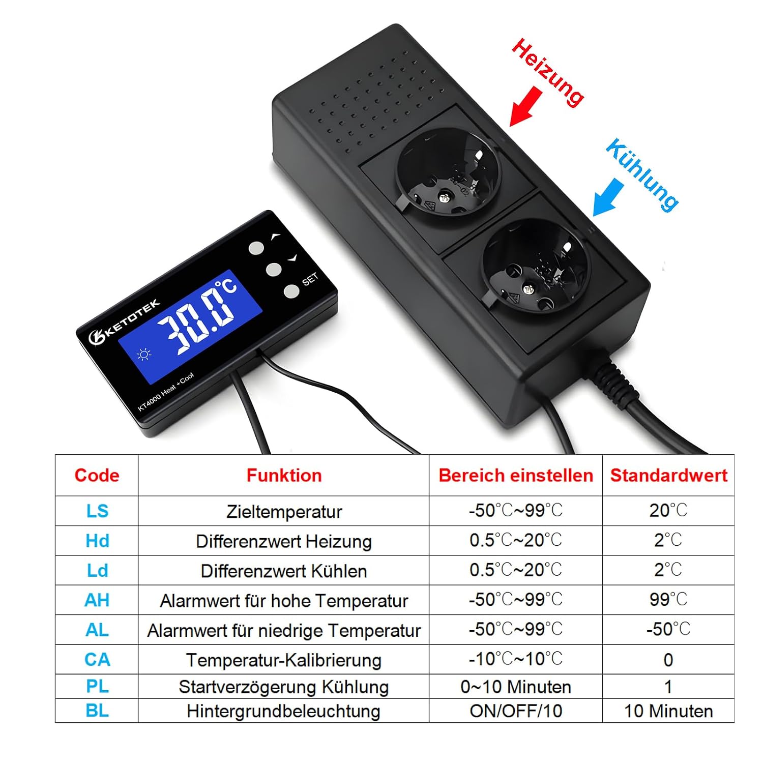 Detalle 2 de KETOTEK digitaler Thermostat-Steckdose KT4000 (230V) mit wasserdichtem Fühler für Aquarium, Gewächshaus & Heizung/Kühlung
