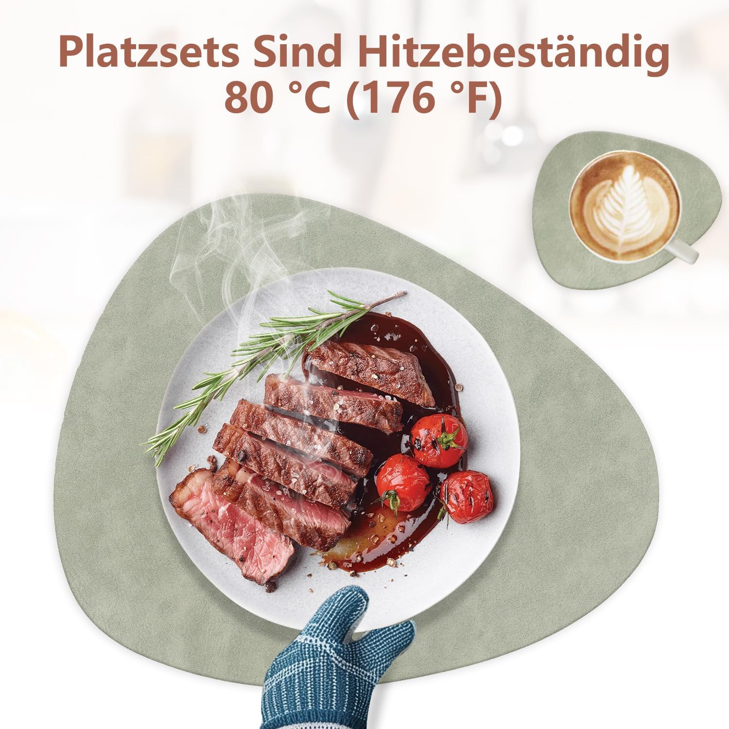 Detalle de HELI MIAO 6er Set Tischsets aus Leder-Imitat – wasserdichte, abwaschbare Platzsets mit rutschfester Unterseite (Oval, Hellgrün+Beige)