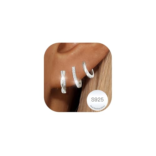Imagen de Halora Silver Earrings for Women: 3-Pair Sterling Silver Hoop Set with Hypoallergenic CZ Hoops en OfertitasTOP