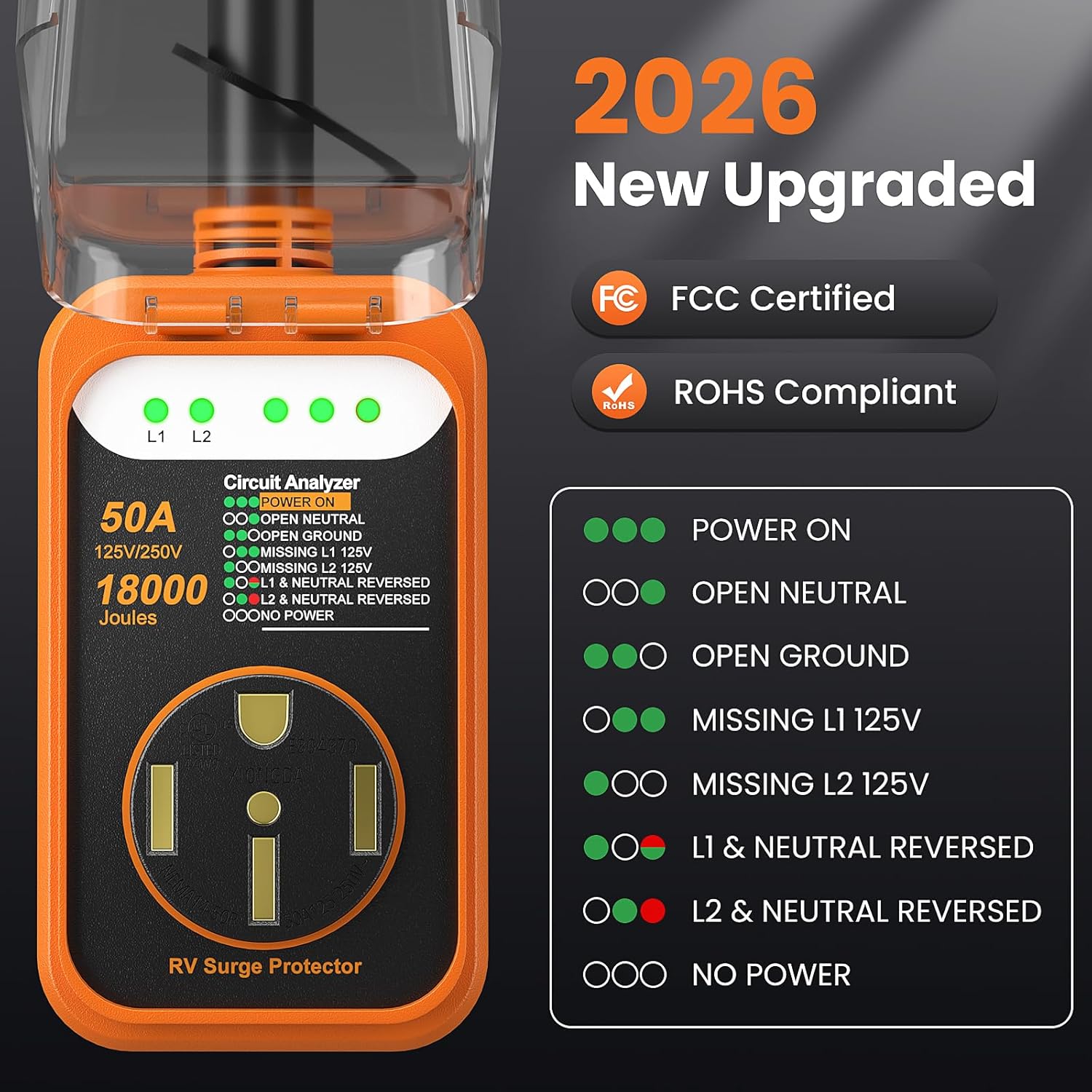 Thumbnail 1 de WLLNEE RV Surge Protector 50 Amp, 18000 Joules with Circuit Analyzer and Waterproof Cover