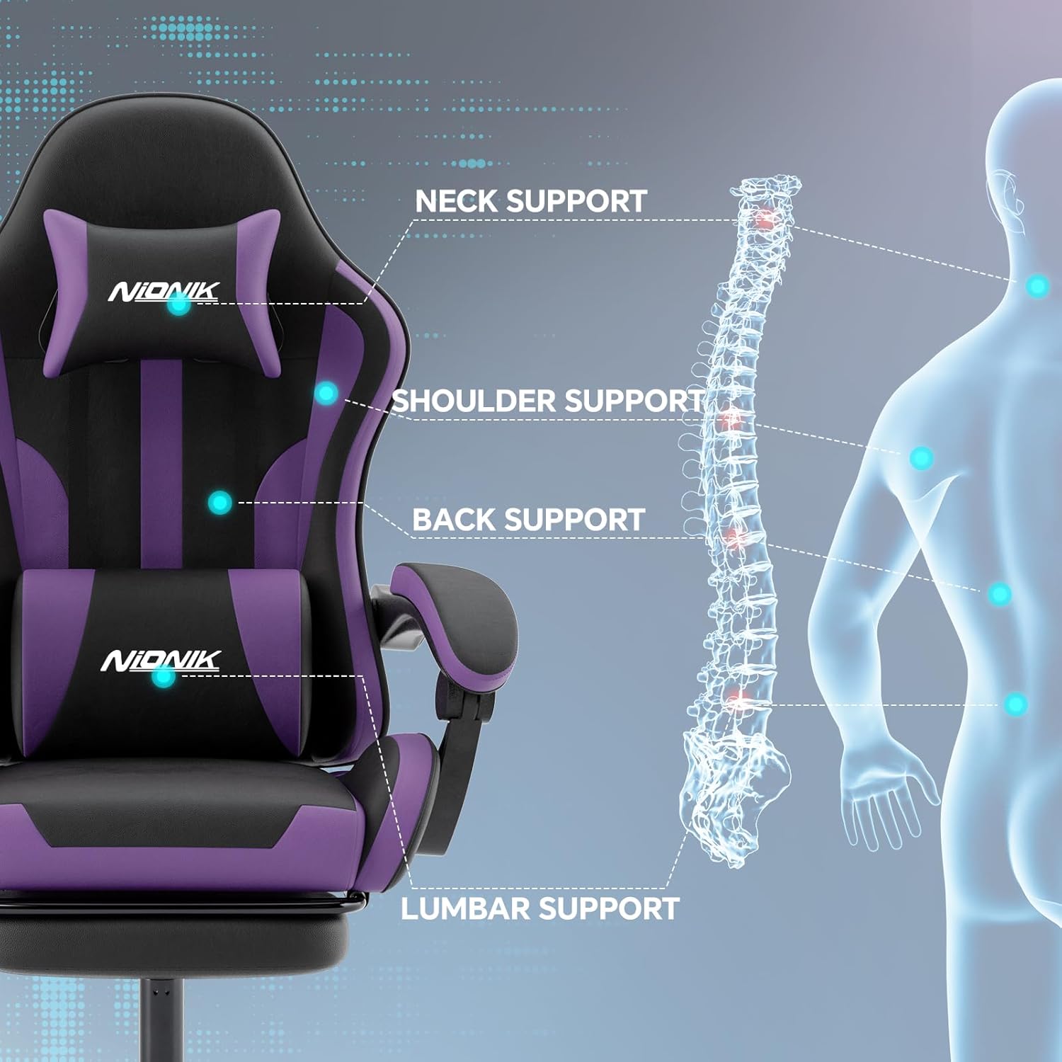 Thumbnail 3 de NIONIK ergonomischer Gaming-Stuhl mit Fußstütze, verstellbarer Höhe und Lendenwirbelstütze (Orange)