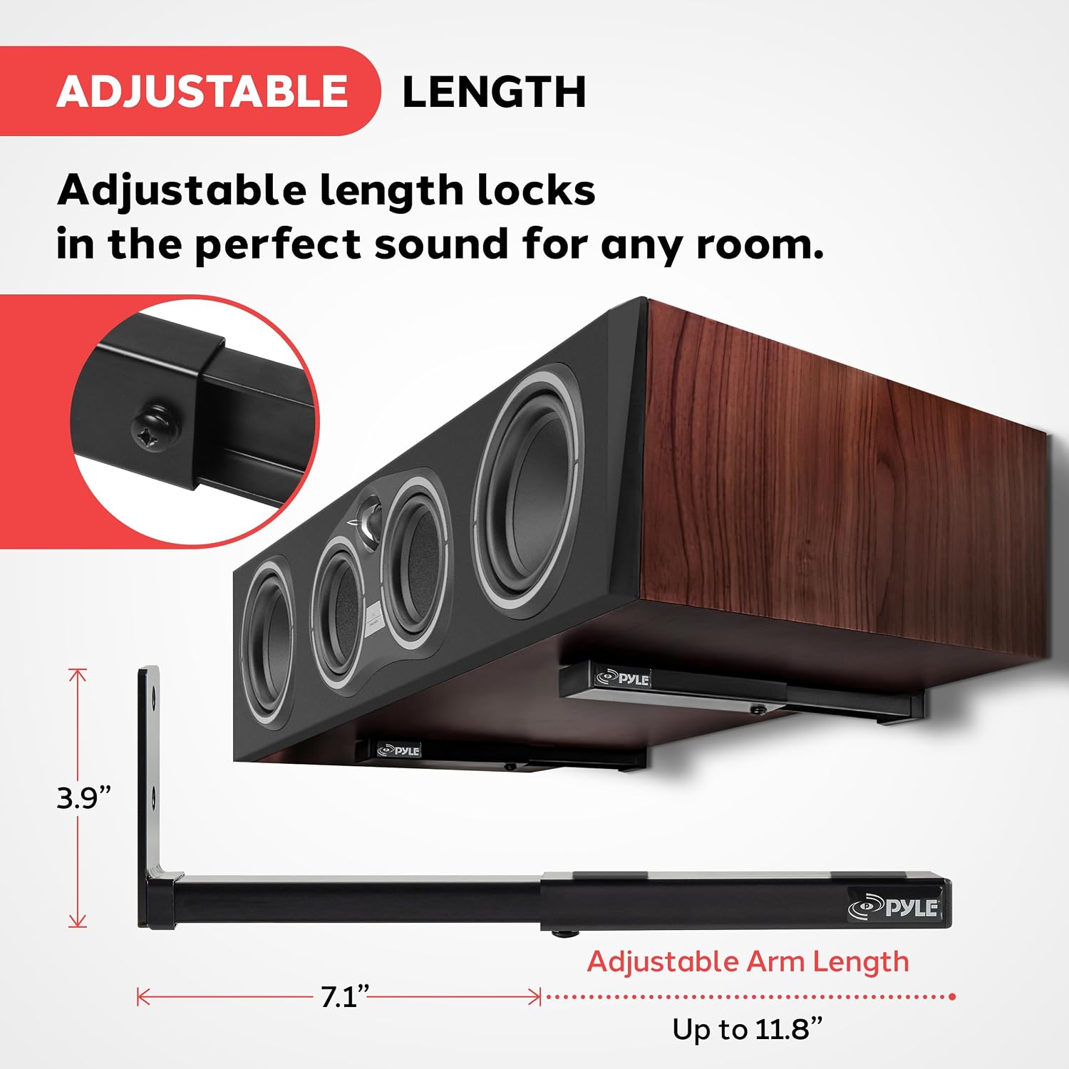 Detalle de Pyle Adjustable Speaker Wall Mount Brackets — 2 Pack with Extendable Steel Arms (110 lbs) for Center Channel, Soundbars, and Various Speakers