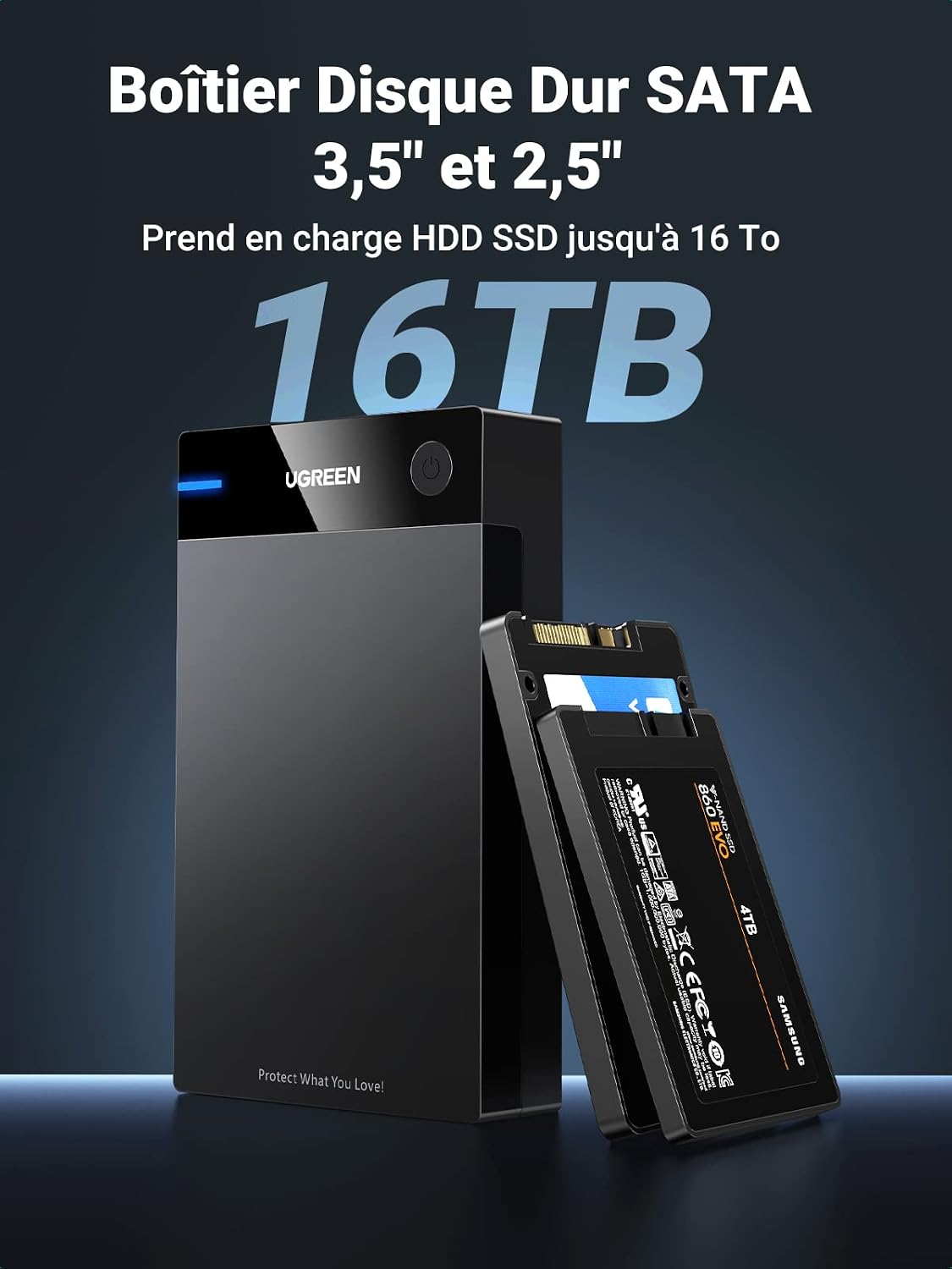 Detalle de UGREEN-behuizing voor 2,5- en 3,5-inch SATA-schijven, USB 3.0 en UASP