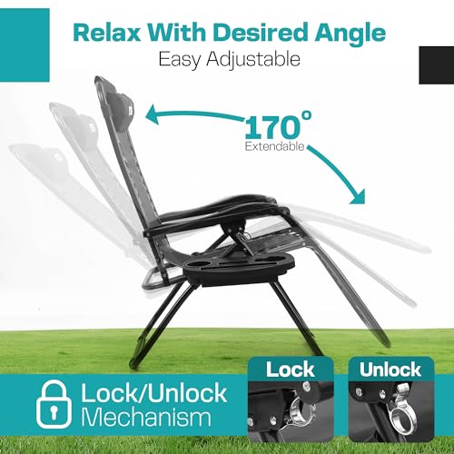 Detalle de Mosii Sun Loungers Set of 2: Heavy Duty Zero Gravity Garden Chairs with Cup Holders, Headrest Pillow and Folding Design