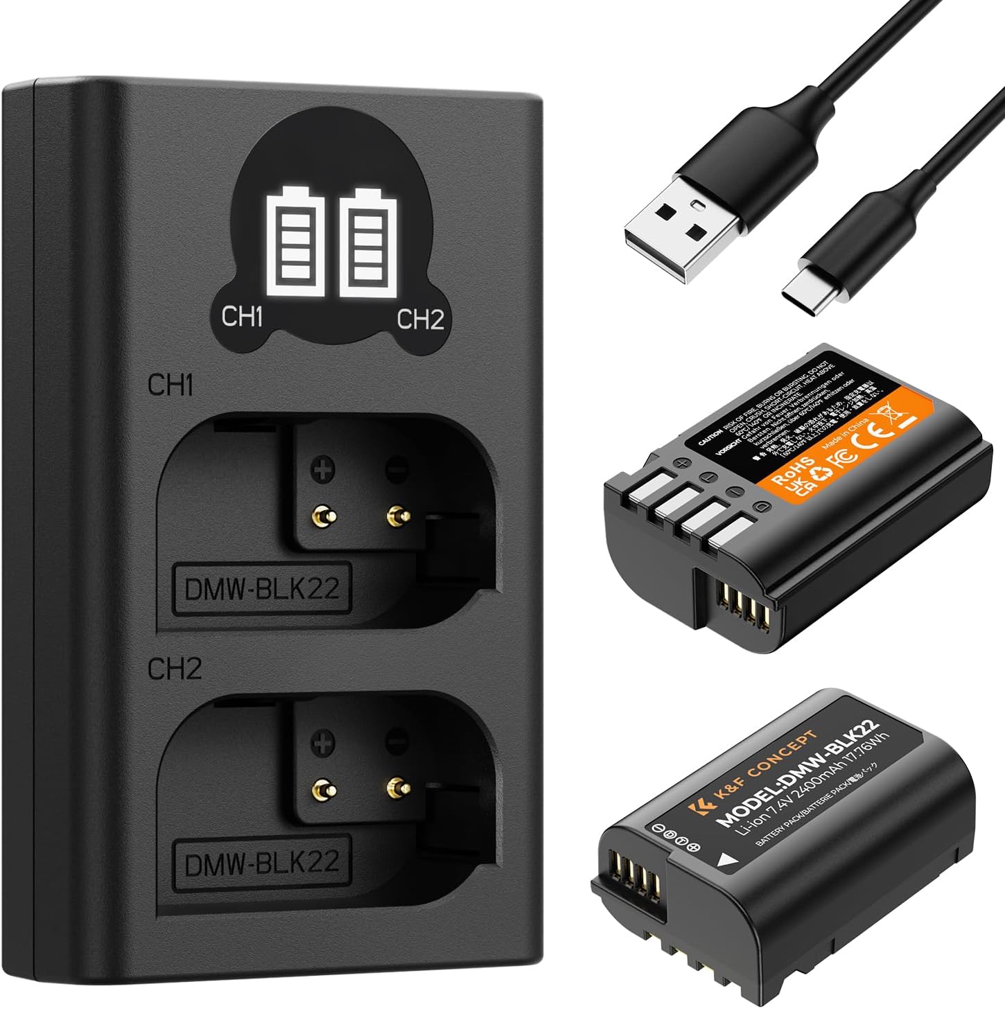 Detalle de K&F CONCEPT DMW-BLK22 Akku 2er-Pack (2400 mAh) + LCD Dual-Slot-Ladegerät für Panasonic Lumix