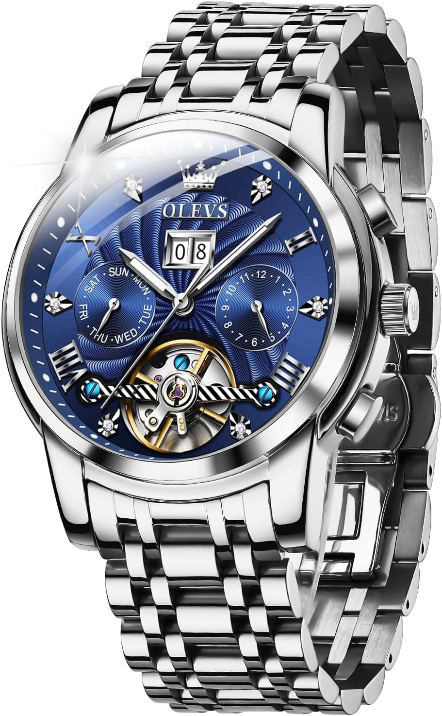 Thumbnail 6 de OUPINKE Herrenautomatik-Skelett-Tourbillon Uhr mit Diamanten, wasserdichtes Edelstahlband