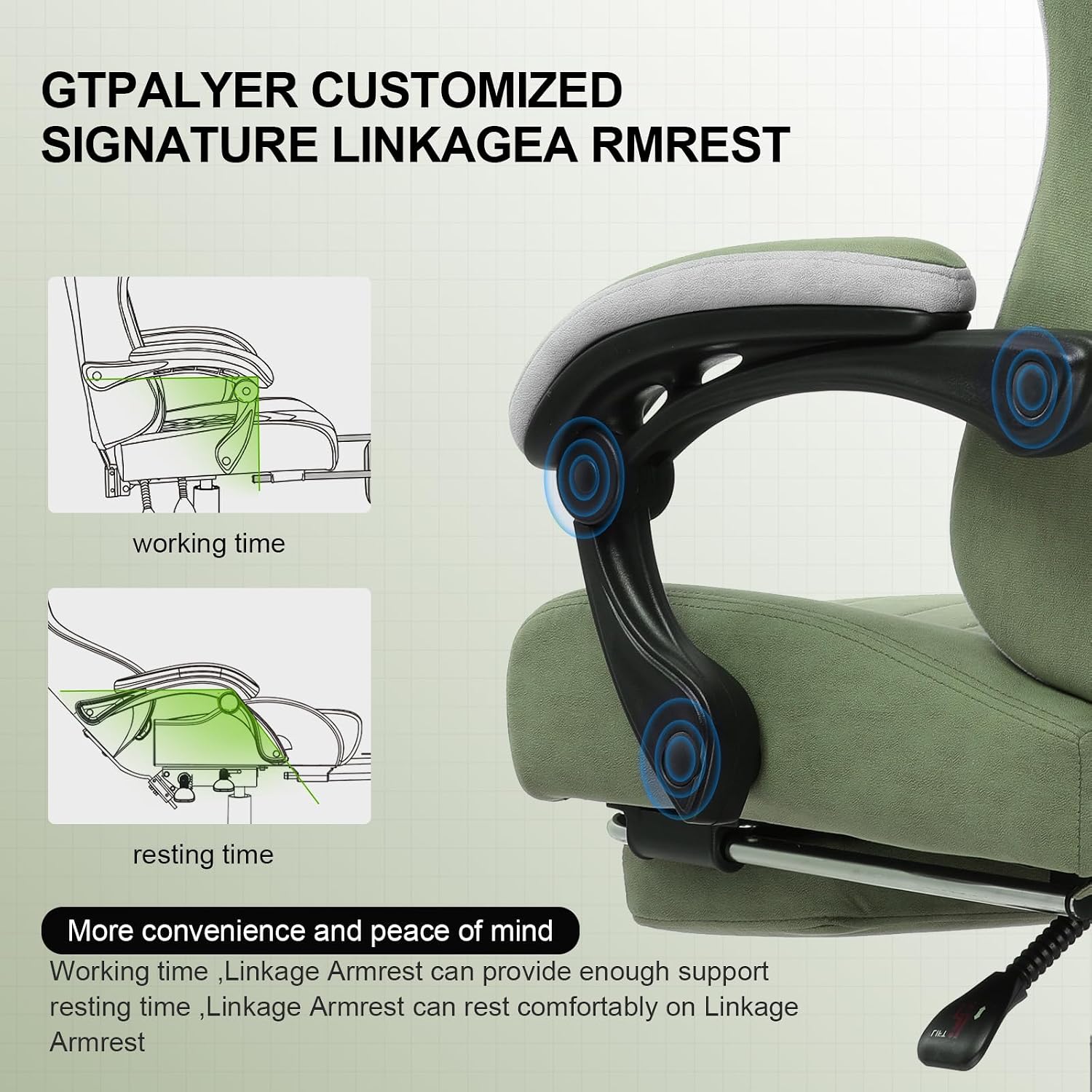 Detalle 2 de GTPLAYER LR008 Ergonomic Gaming Chair with Footrest, Reclining, Green