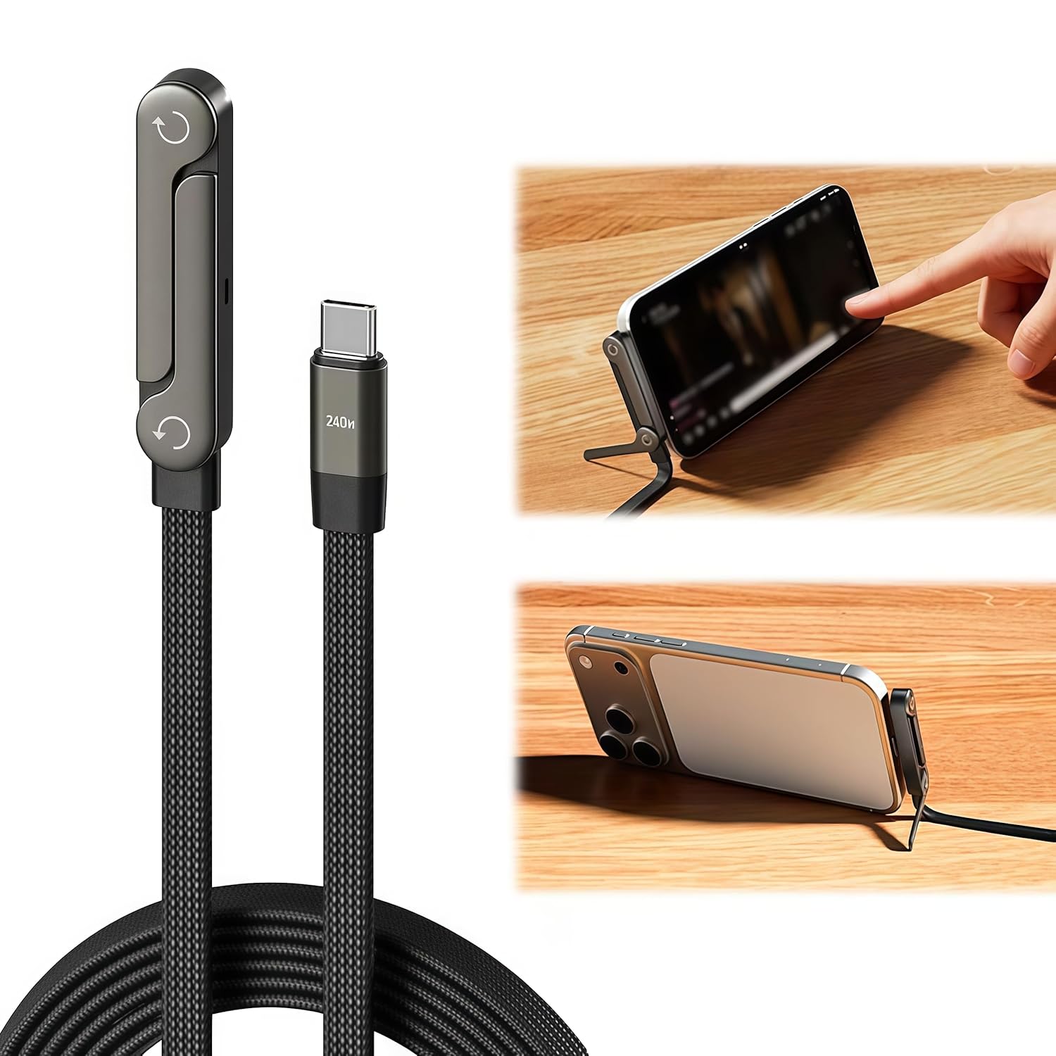 Thumbnail 6 de Kitbox 240W USB-C Ladekabel mit seitlichem 90° Anschluss und faltbarem Handyständer – 1,5 m