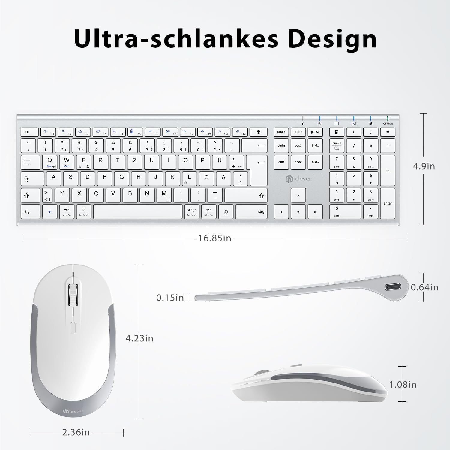 Detalle de iClever kabellose Tastatur und Maus Set (2,4G, USB‑C wiederaufladbar) für Windows und Mac