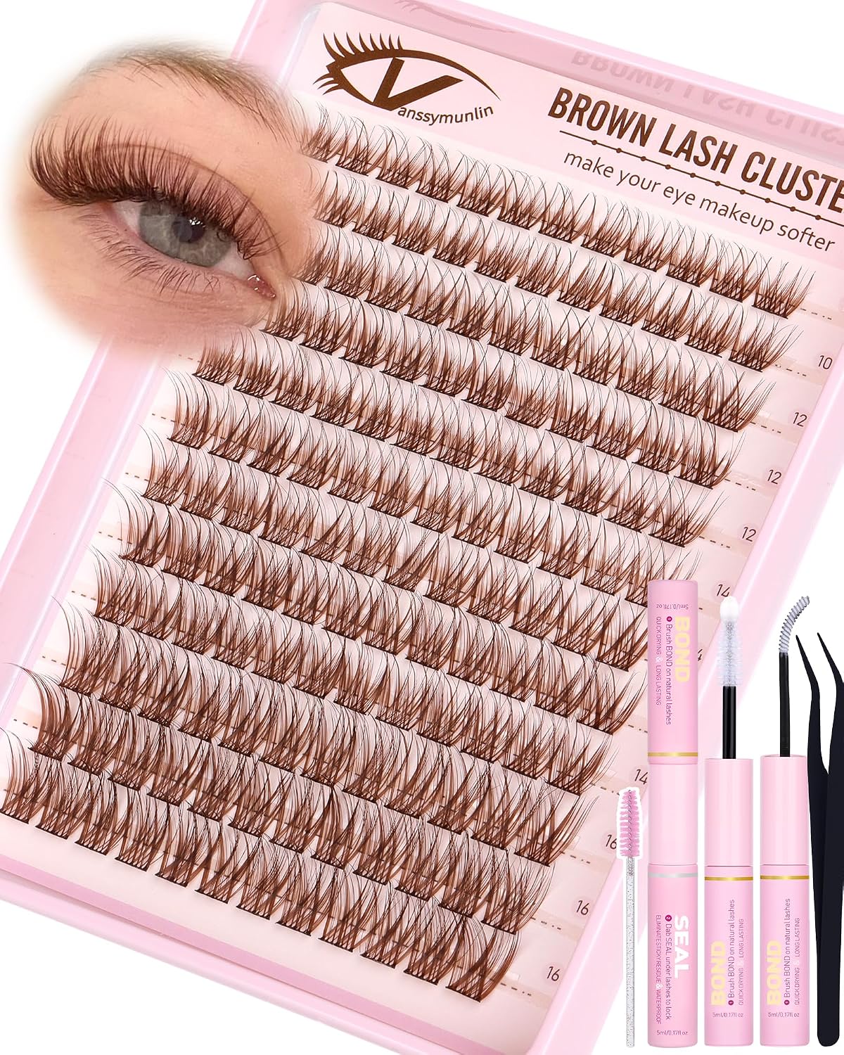 Detalle de Natural Brown Lash Clusters Kit (C Curl) DIY Wispy Eyelash Extensions 10–16mm with Brush