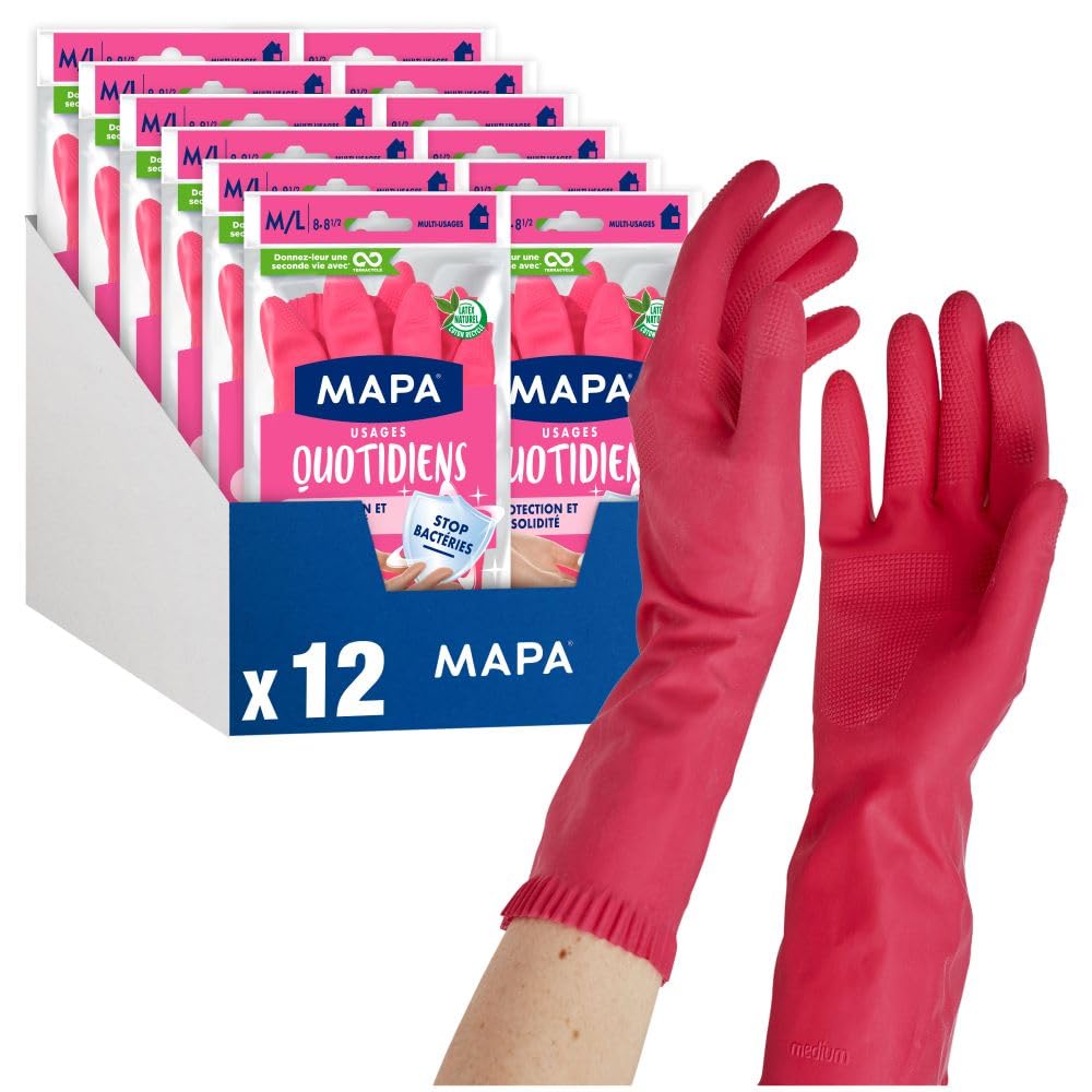 Thumbnail 1 de MAPA Usages Quotidiens - Gants de Ménage en Latex intérieur coton | 12 paires, Taille S/M