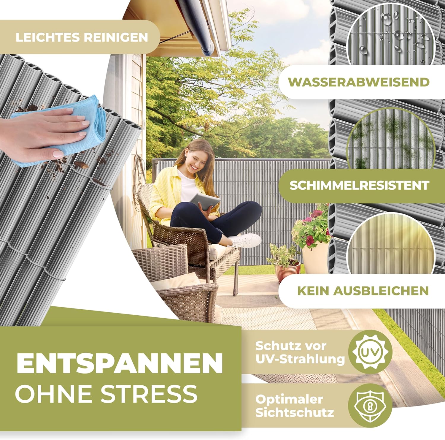 Thumbnail 3 de KESSER® PVC Sichtschutzmatte Sichtschutzzaun 80x300 cm für Balkon & Terrasse (inkl. Kabelbindern, Abdeckung & Handschuhe) – hellgrau