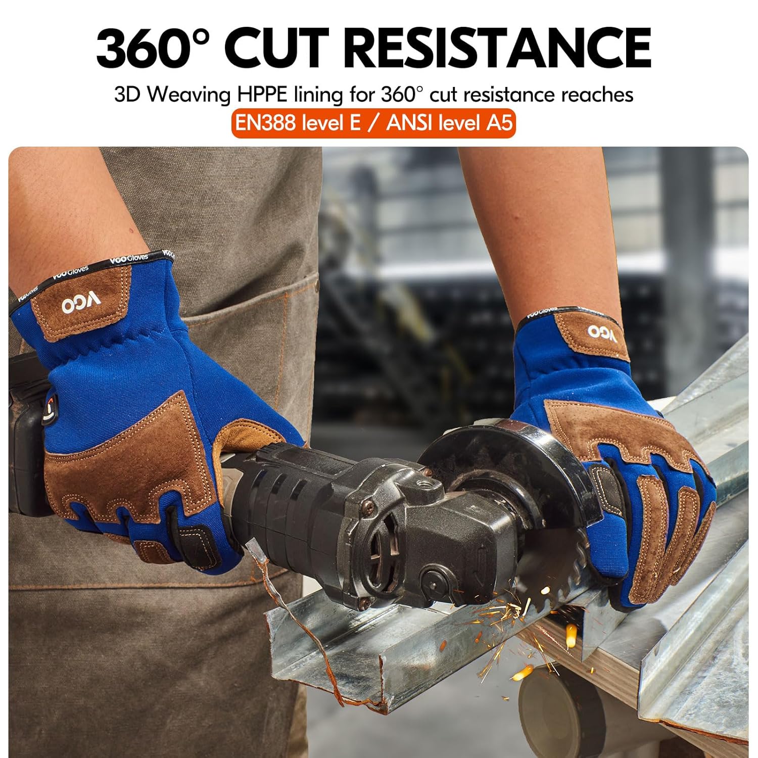 Detalle de Vgo... Gants résistants aux coupures en cuir avec doublure HPPE – Taille XL, bleu