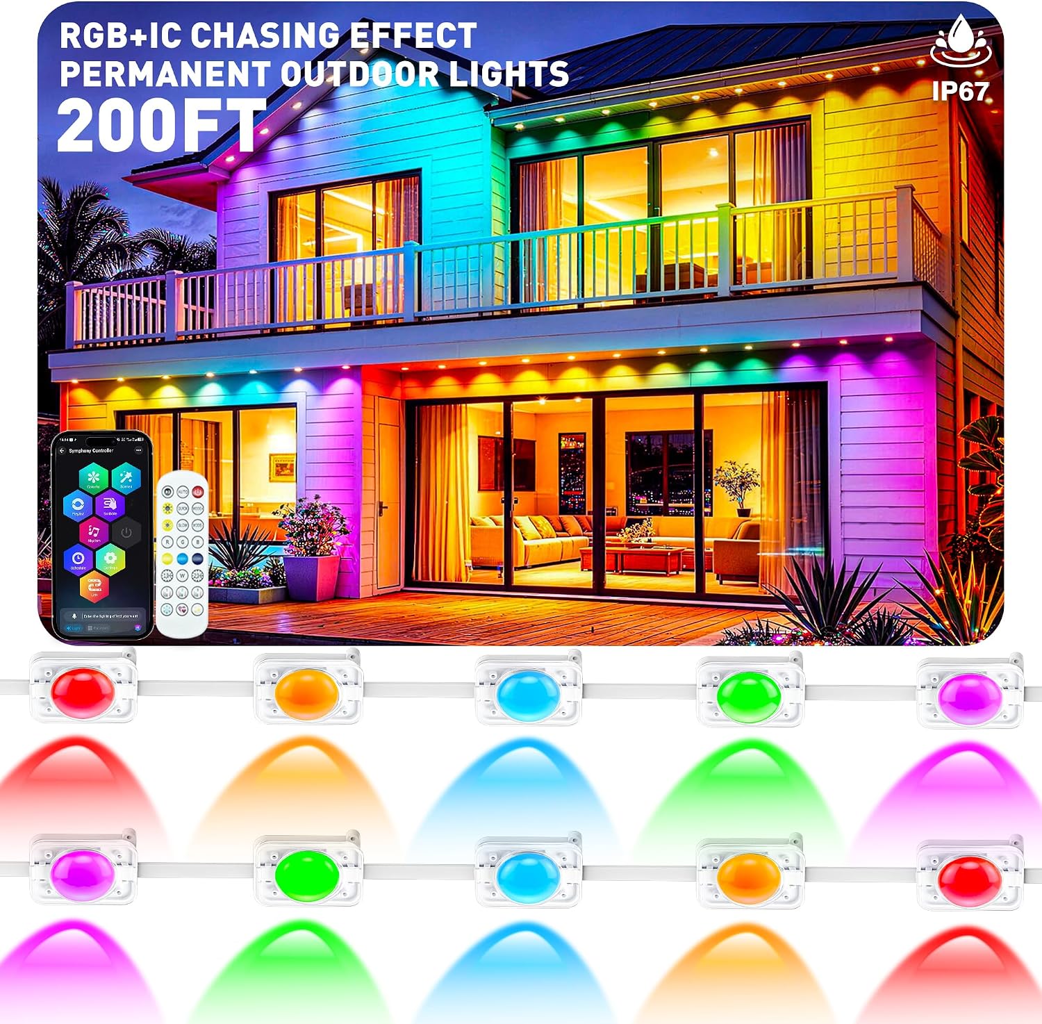 Detalle de JNUNUSE 200FT Permanent Outdoor LED Lights, RGB+IC, IP65, App & Remote Control