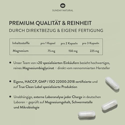 Detalle de SUNDAY NATURAL Magnesium Bisglycinat Premium – 240 Kapseln, 150 mg Mg pro Portion