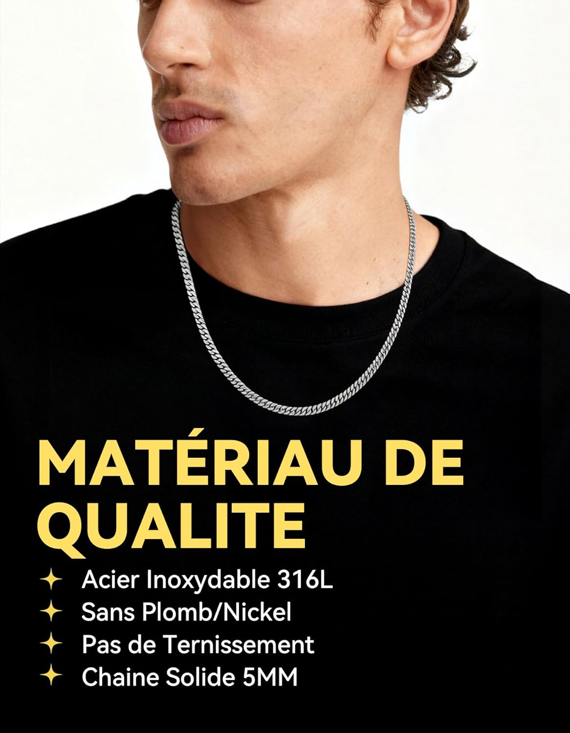 Detalle 2 de ChainsHouse Collier Chaine Homme Acier Inoxydable Maille Cubaine – 46 à 76 cm, largeurs 4/6/9/13 mm