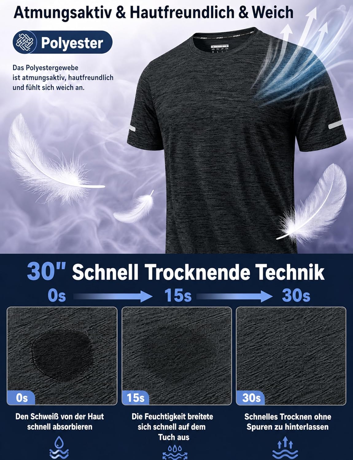 Detalle 2 de KEFITEVD Funktionsshirt Herren – schnelltrocknendes, atmungsaktives Kurzarm-Trainingsshirt mit Reflektoren