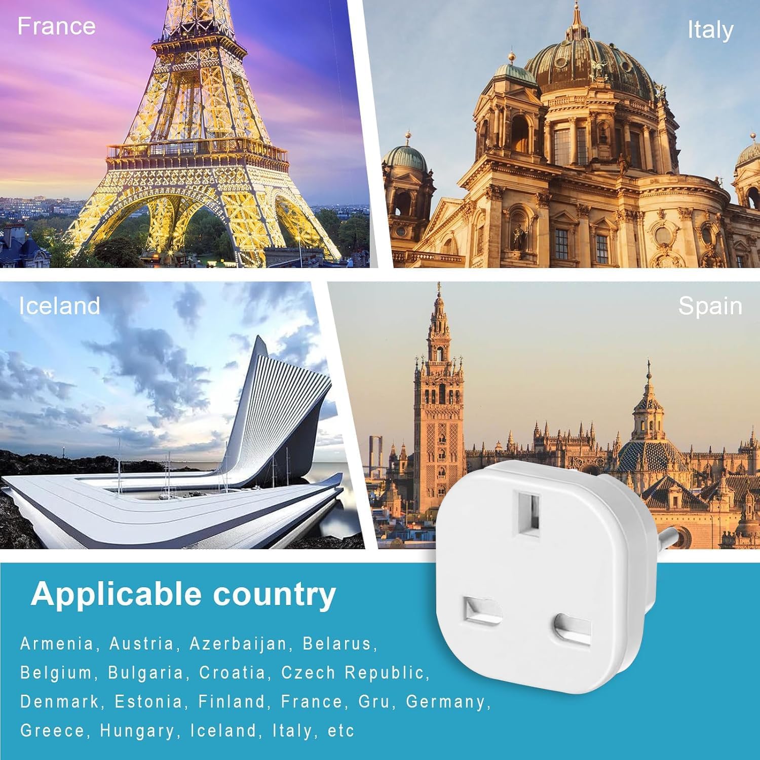 Detalle de UK to Europe Plug Adapter 4 pack