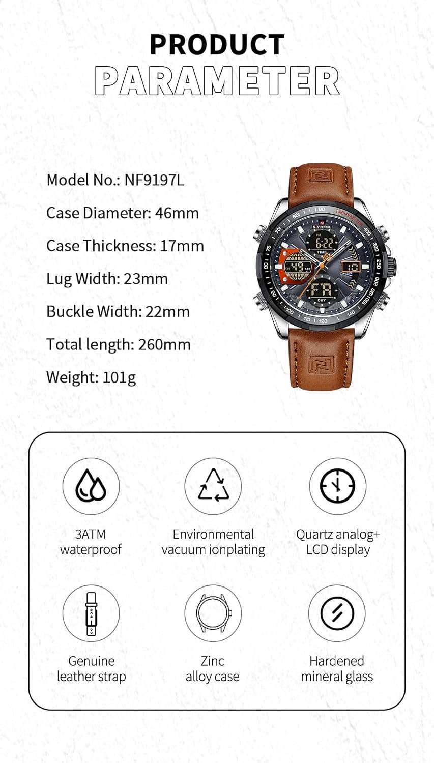 Thumbnail 1 de Naviforce Orologio da uomo militare: digitale/analogico al quarzo, impermeabile e multifunzione con cinturino in pelle