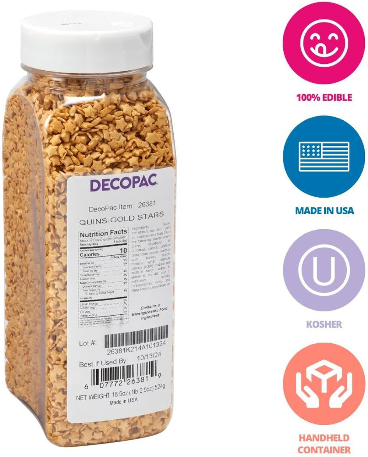 Detalle 2 de DecoPac 26381 Gold Star Sprinkles, Edible Cake & Cookie Decorations, 18.5 oz