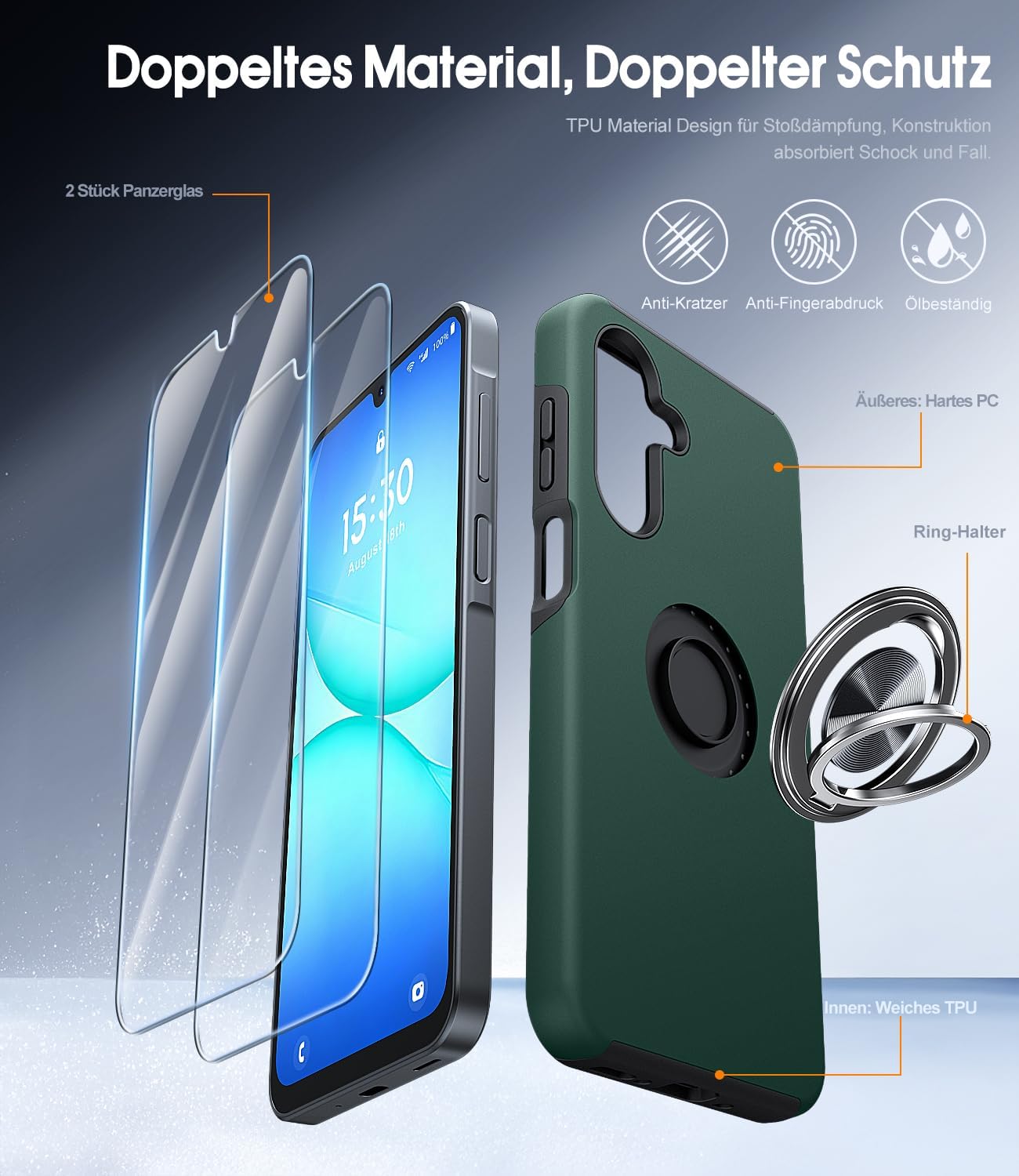 Thumbnail 6 de AOUIA Hülle für Samsung Galaxy A17 5G mit 2x Panzerglas, 360° Ring-Ständer, Militärschutz – Dunkelgrün