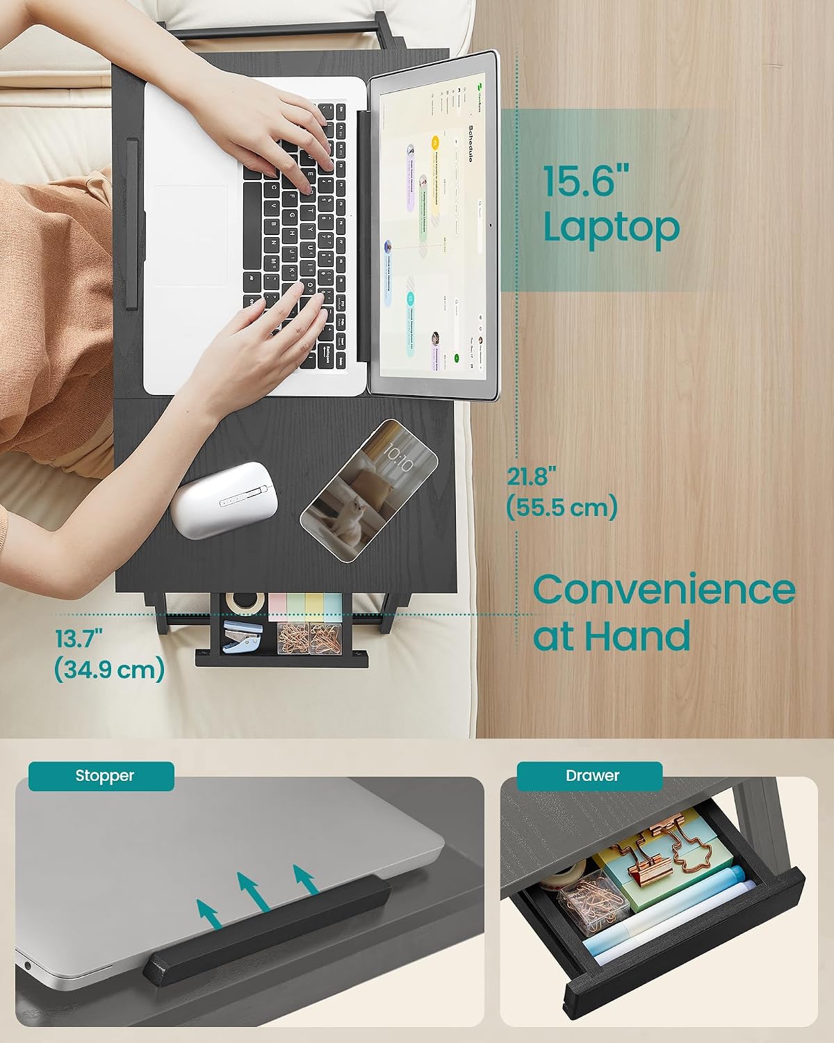 Detalle de SONGMICS LLD105BE01 Bed Laptop Table (bamboo) with adjustable angle and height, drawer & foldable stand