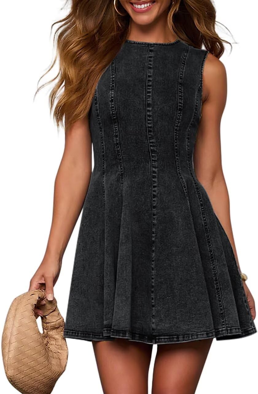 Detalle de KDF Denim Dress for Women: Sleeveless Babydoll Tank, Slim Fit A-Line Denim Dress