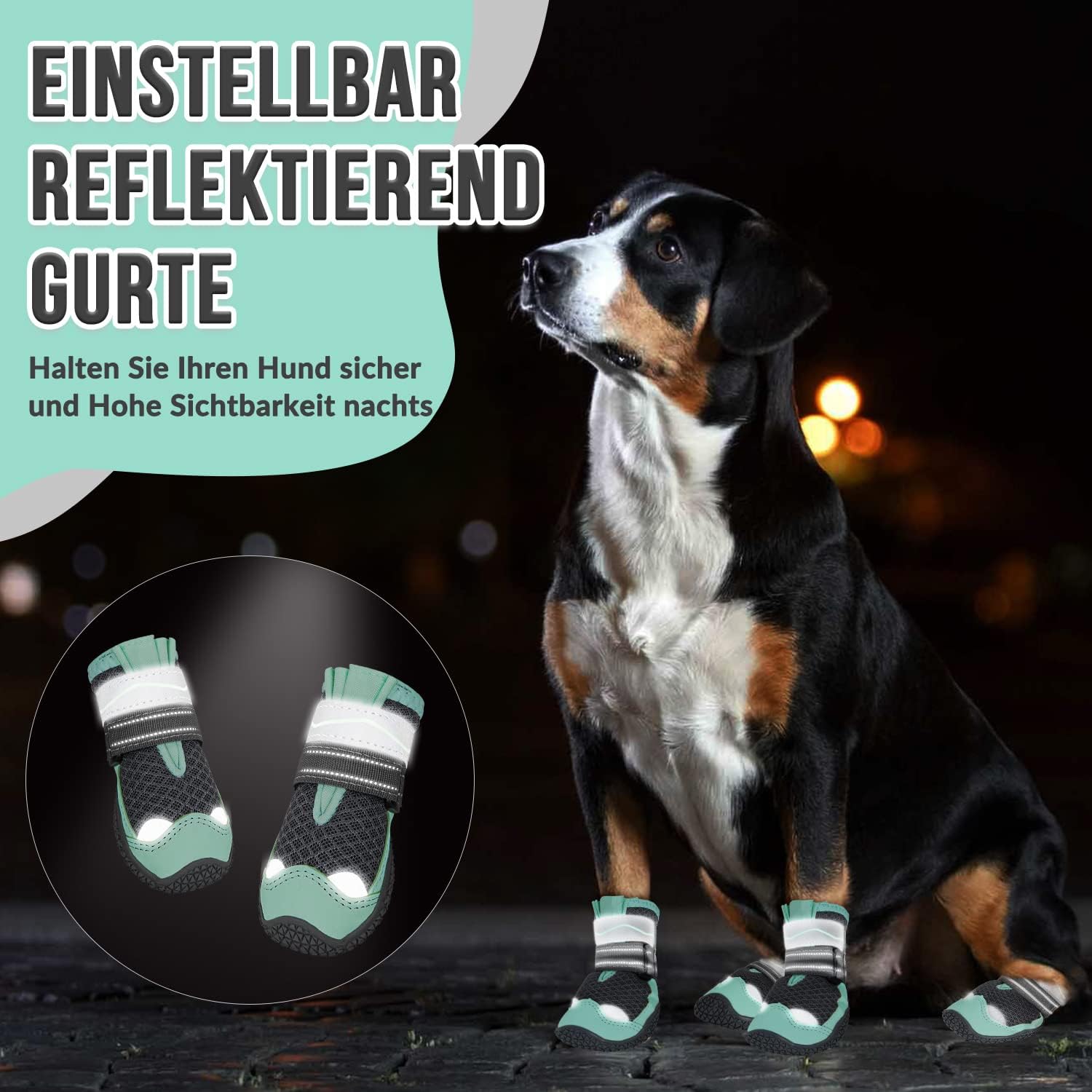 Detalle 2 de Eyein Hundeschuhe Pfotenschutz (2 Stück) atmungsaktiv mit rutschfester Sohle und reflektierendem Klettverschluss – Grün, Größe 1