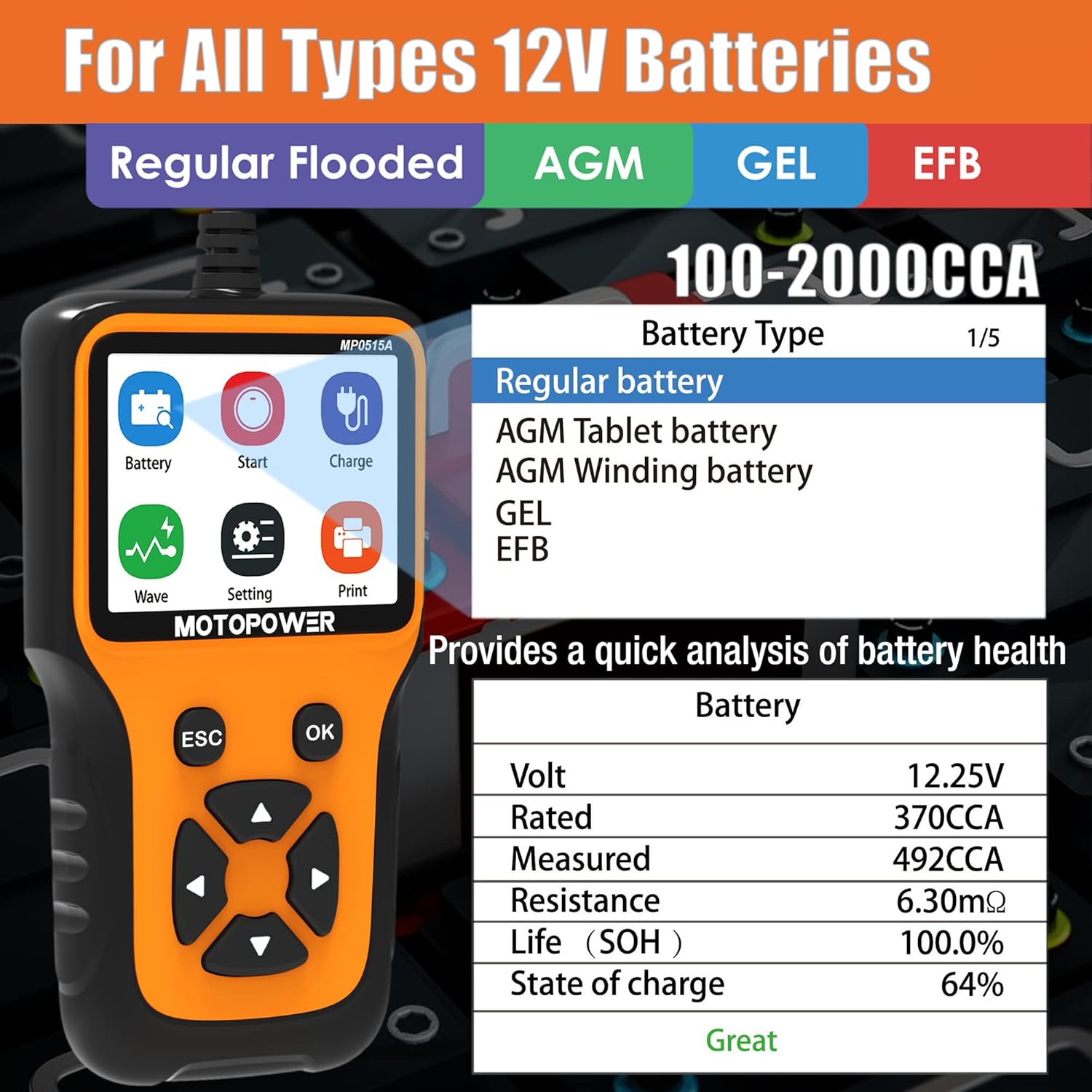Thumbnail 2 de MOTOPOWER MP0515A 12V Autobatterietester (100–2000 CCA) für Ladesystem-Analyse