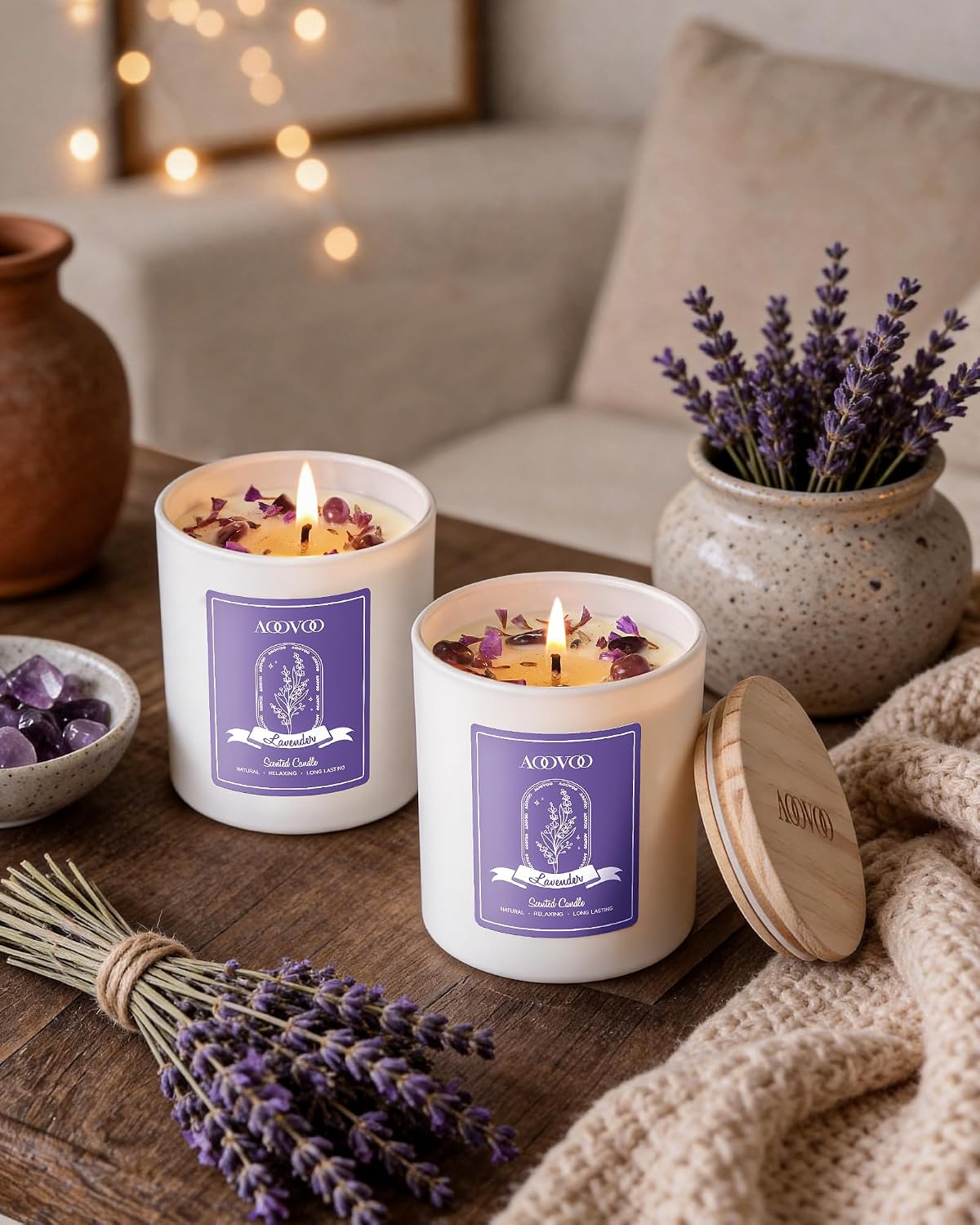Thumbnail 4 de AOOVOO Lavender Candle Soy Candle Set, 2-Pack with Crystals and Dried Flowers