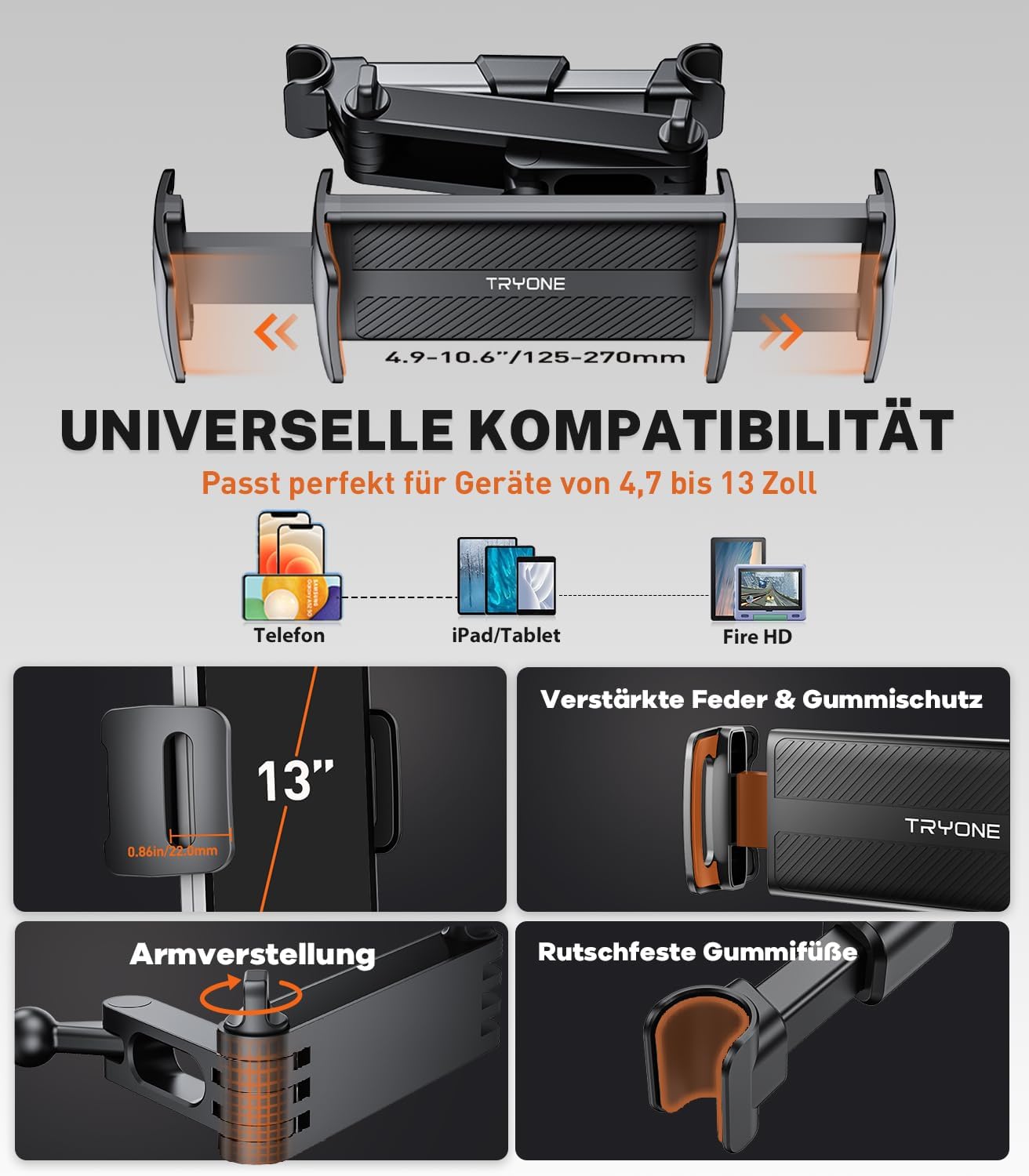 Detalle de TRYONE Tablet Halterung Auto – ausziehbare Kopfstützenhalterung für 4,7–11 Zoll Tablets (iPad, Samsung, Kindle Fire, Switch)
