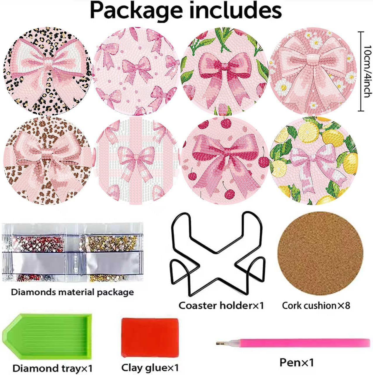 Detalle 2 de HHMATITS GMZS-182 Pink Bow Diamond Art Coaster Kit, 8-Piece Wooden Set