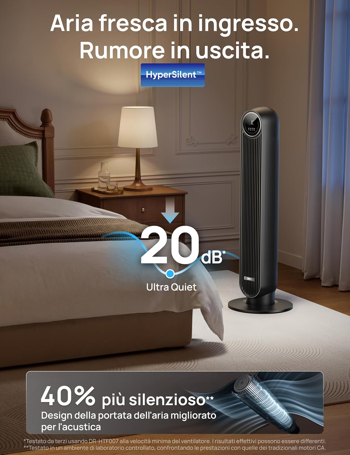 Detalle de Dreo 20dB ventilatore a torre silenzioso con telecomando, 4 velocità, oscillazione 90° e timer 1–8 ore